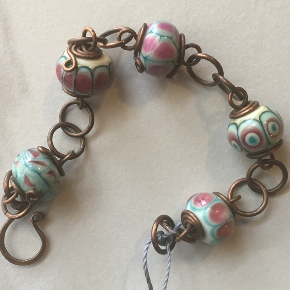 Handcrafted PLJ Jewelry - Handcrafted Copper n Lampwork Glass Link Bracelet.